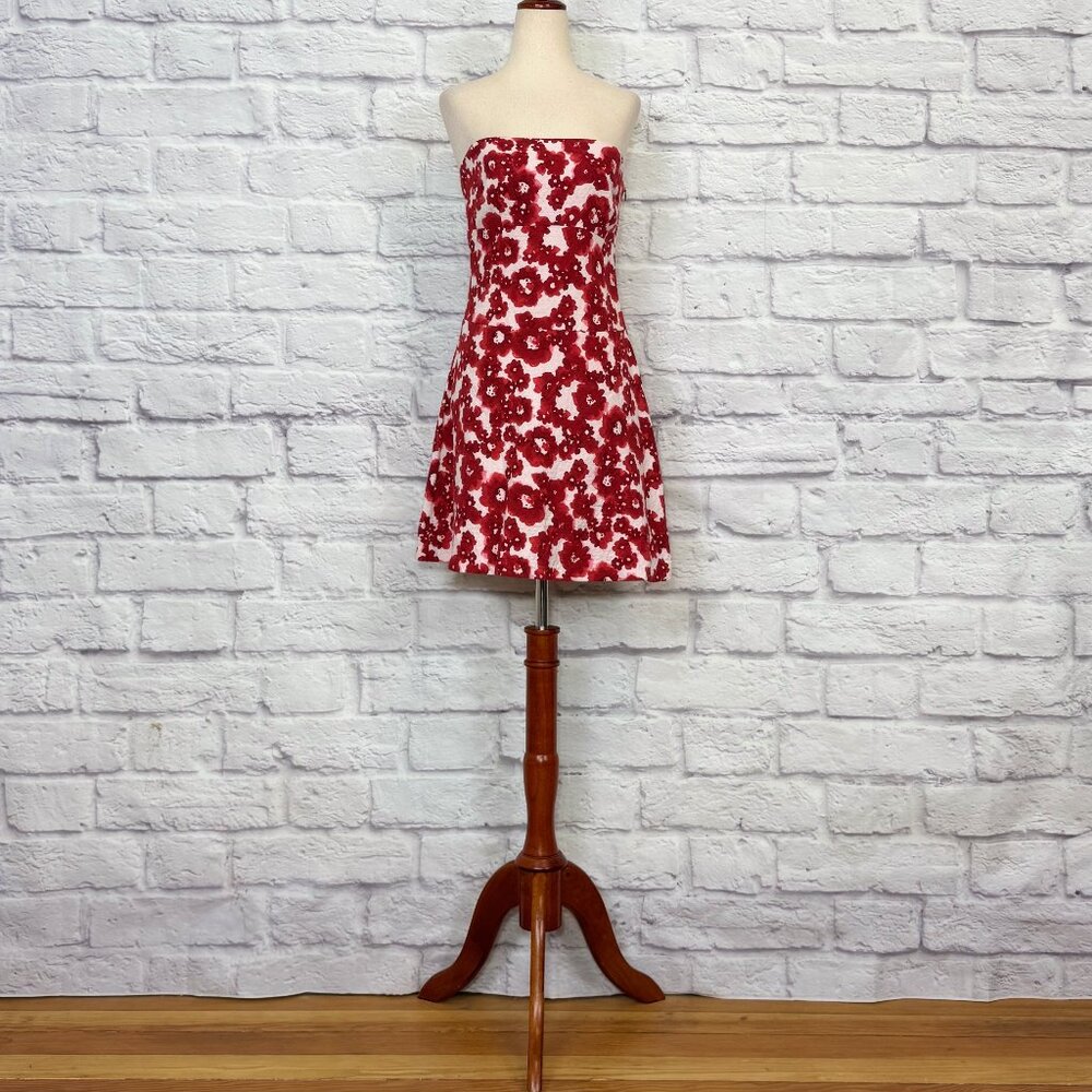 Tocca Red & White Quilted Cotton Floral Strapless Mini Dress